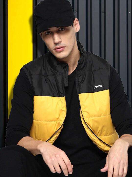 Buy Slazenger Men Yellow Black Colourblocked Sleeveless Padded Jacket Jackets for Men 15788818 Myntra