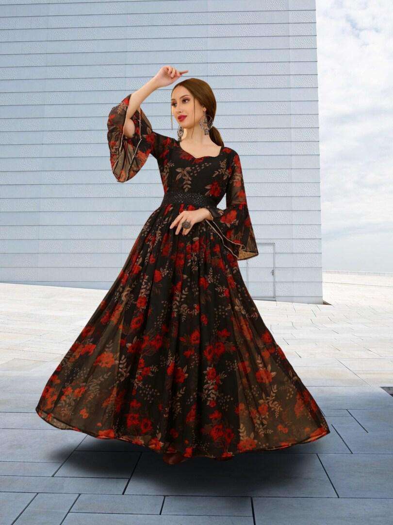 Long Sleeve Black Maxi Dress With Red Flowers Floral Frill Long