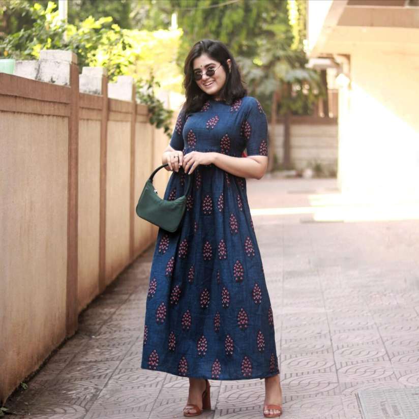 Buy Vishudh Navy Blue Ethnic Motifs Printed Cotton Maxi Dress Ethnic Dresses for Women 8696365 Myntra
