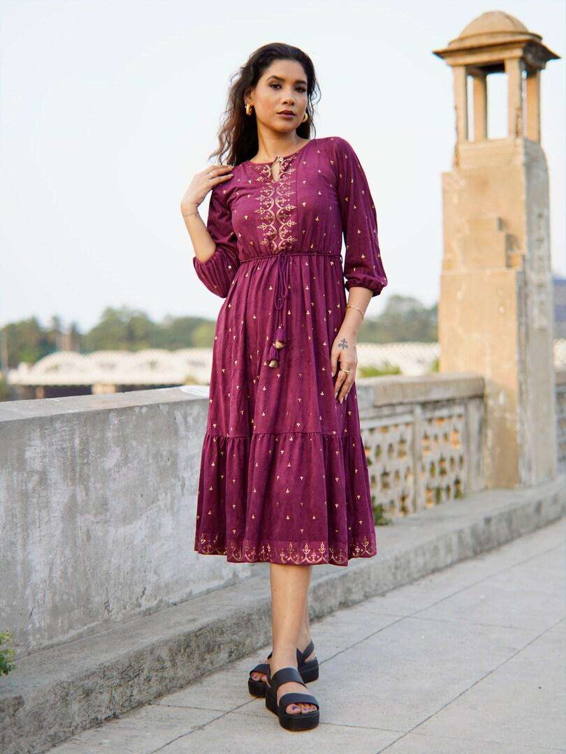 Buy Global Desi Maroon Gold Coloured Ethnic Motifs Printed Keyhole Neck Fit Flare Dress Dresses for Women 16193916 Myntra