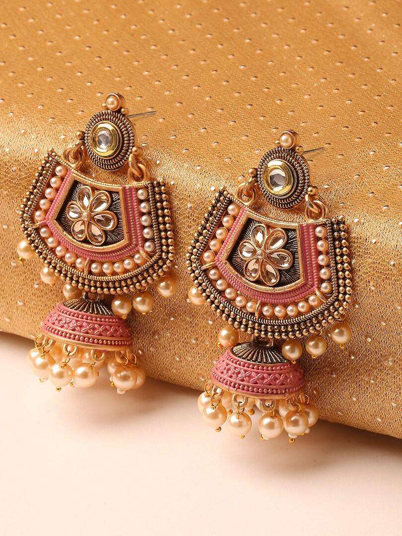 Buy OOMPH Pink Meenakari Kundan Pearl Floral Ethnic Drop Jhumka Earrings Earrings for Women 15102008 Myntra