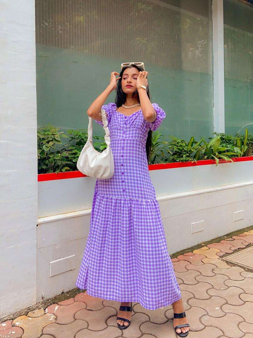 Purple checked dress shop