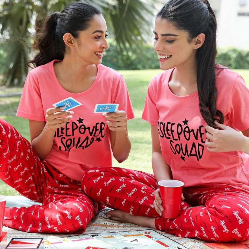 Buy Nite Flite Women Pink Red Printed Sleepover Squad Pyjama Set Night suits for Women 17090320 Myntra