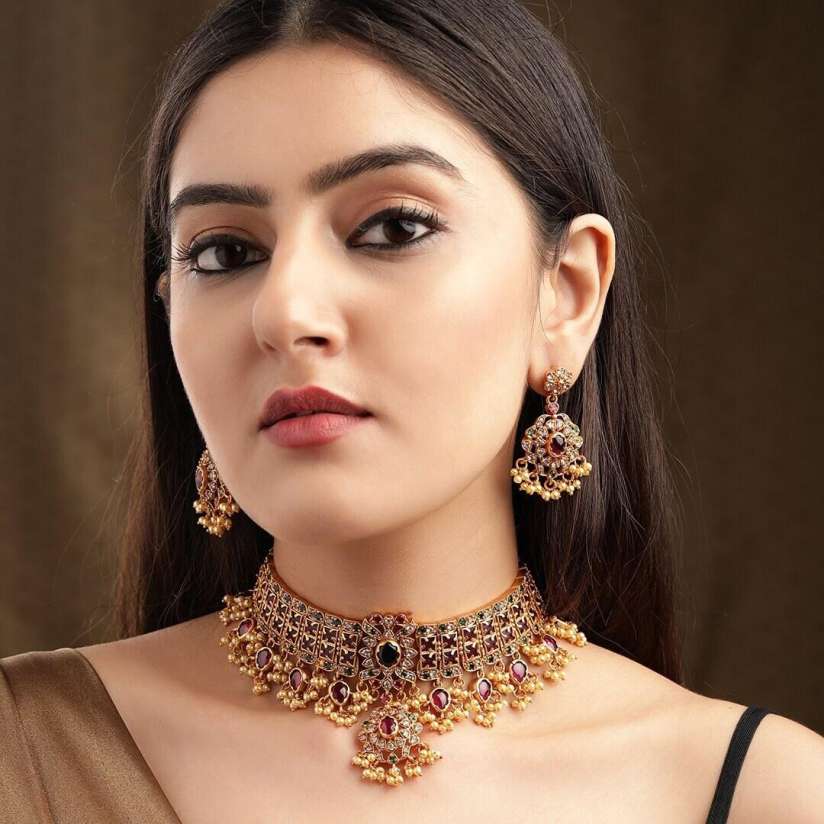 Buy Rubans 24K Gold Plated Handcrafted Ruby Stone Gold Pearls Studded Choker Set Jewellery Set for Women 15293282 Myntra