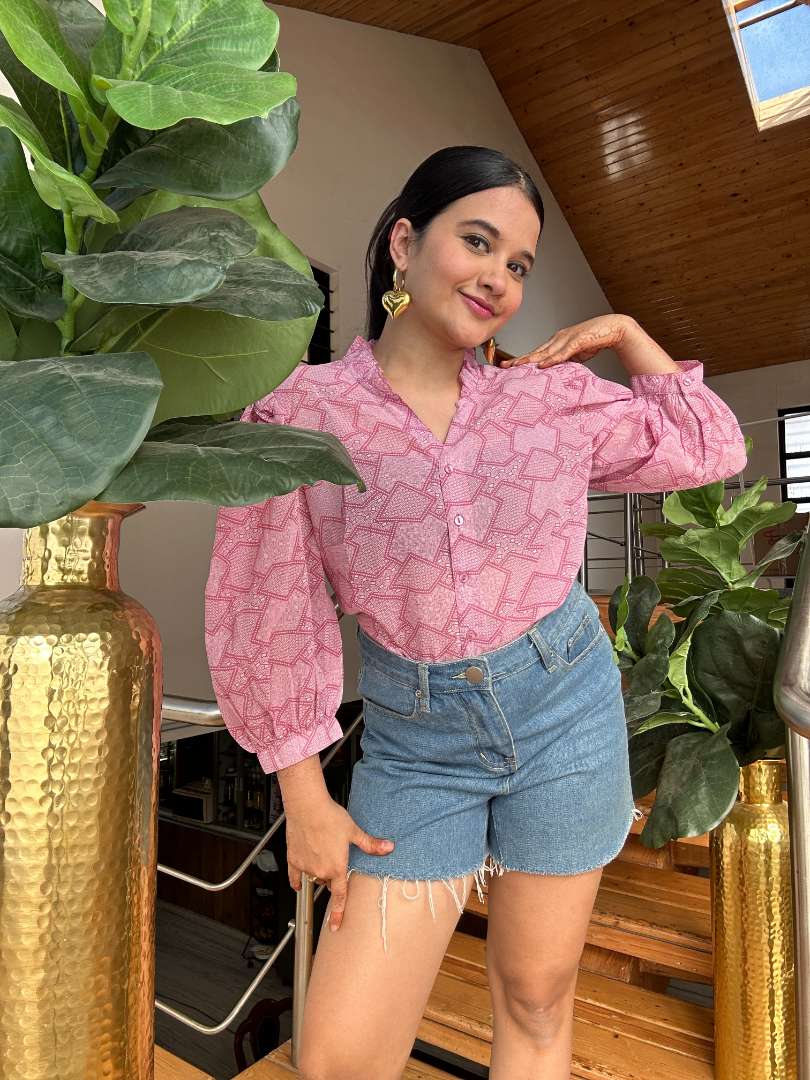 Pink shirt with blue shorts shop
