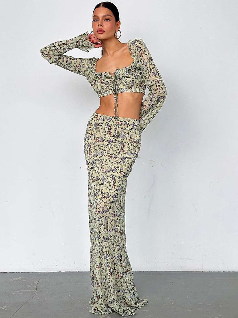 Buy LULU SKY Printed Long Sleeve Crop Top Skirt Co Ords Co Ords for Women 30558765 Myntra