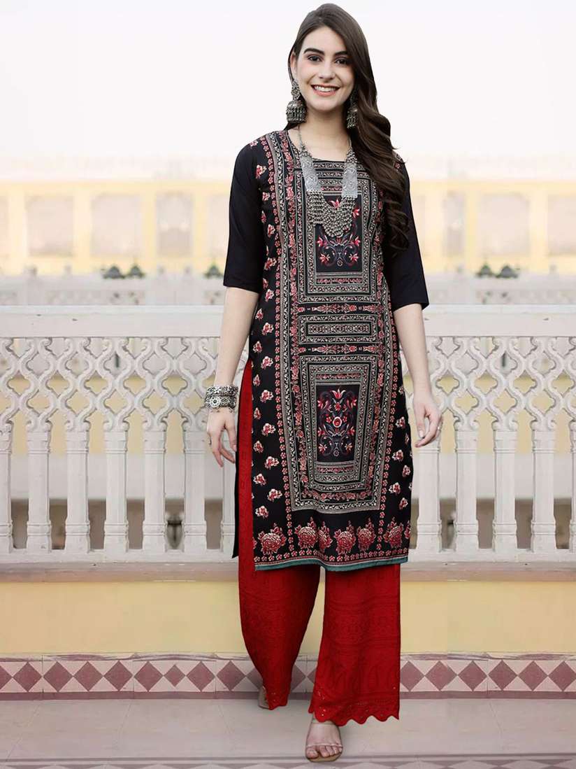 Women Ethnic Motifs Printed Flared Sleeves Mirror Work Kurta