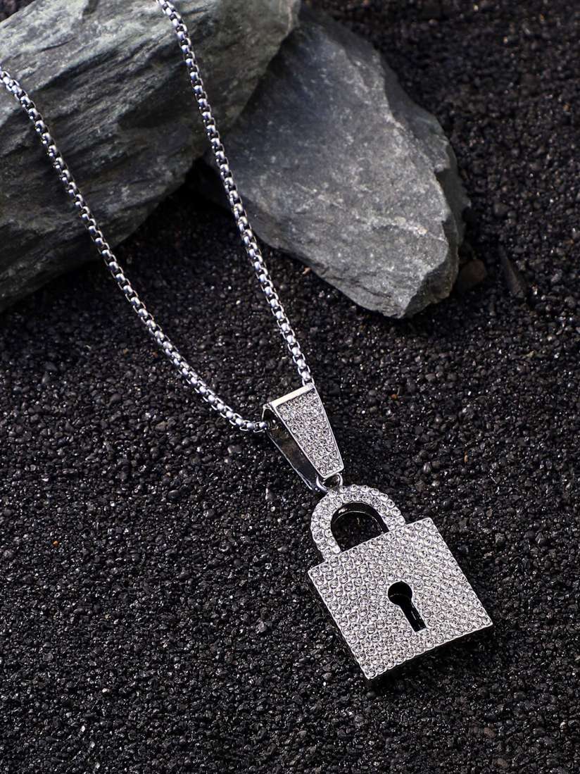 Buy French Accent Men Silver Plated Stones Studded The Lock Pendant With Chain Pendant for Men 30600133 Myntra