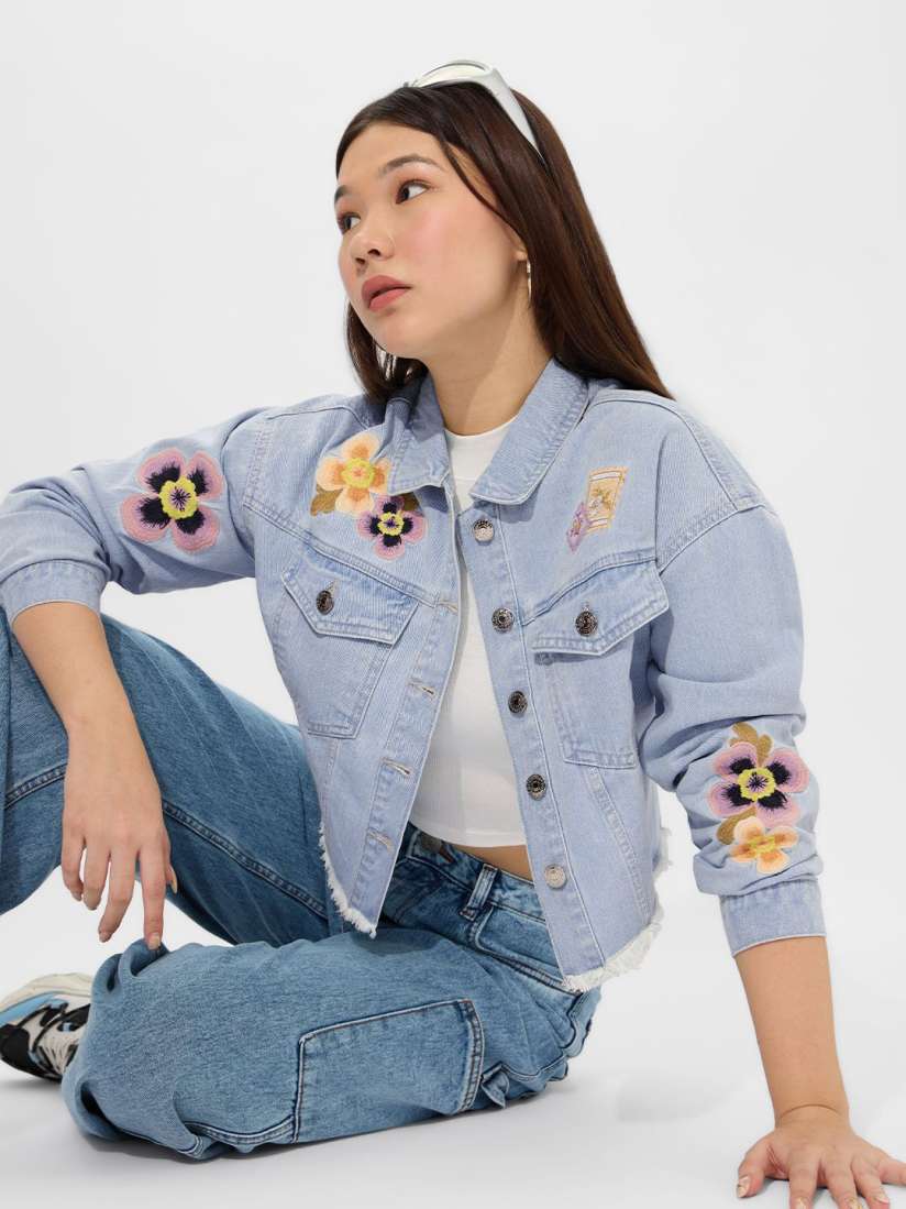 Embroidered denim jacket womens deals