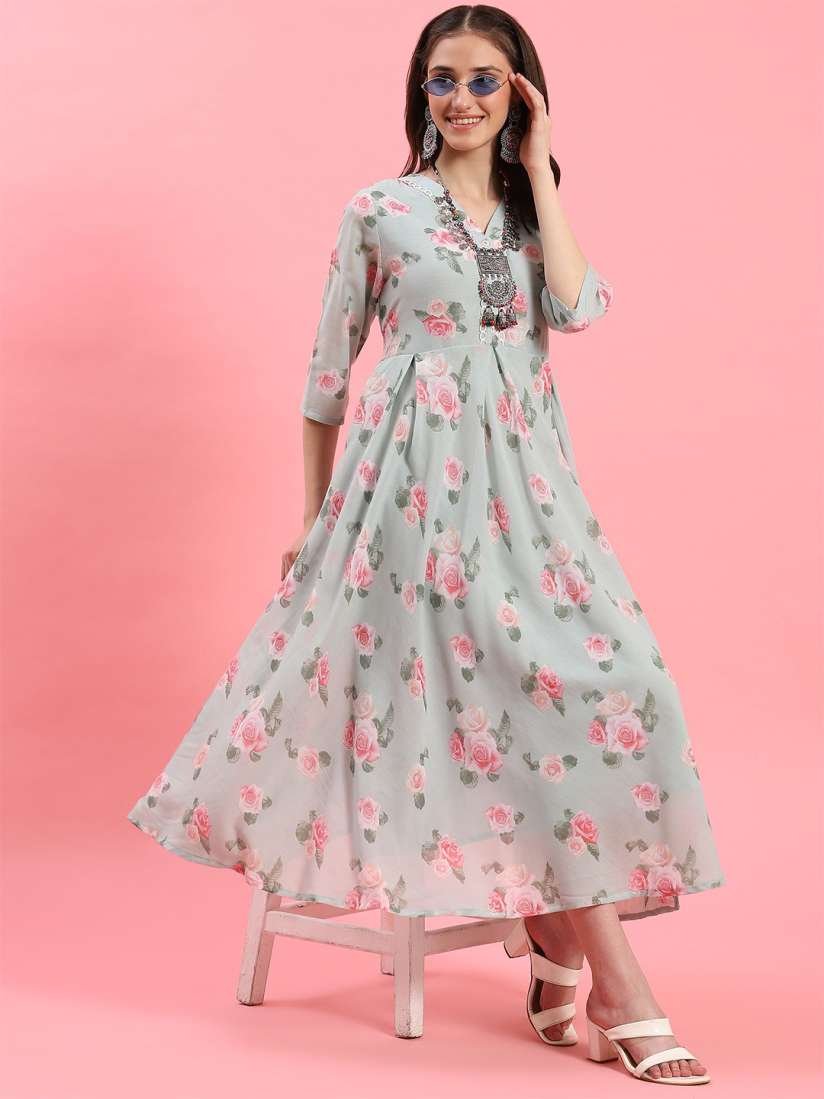 Buy Shree Floral Print V Neck Layered Fit Flare Maxi Dress Dresses for Women 30640443 Myntra