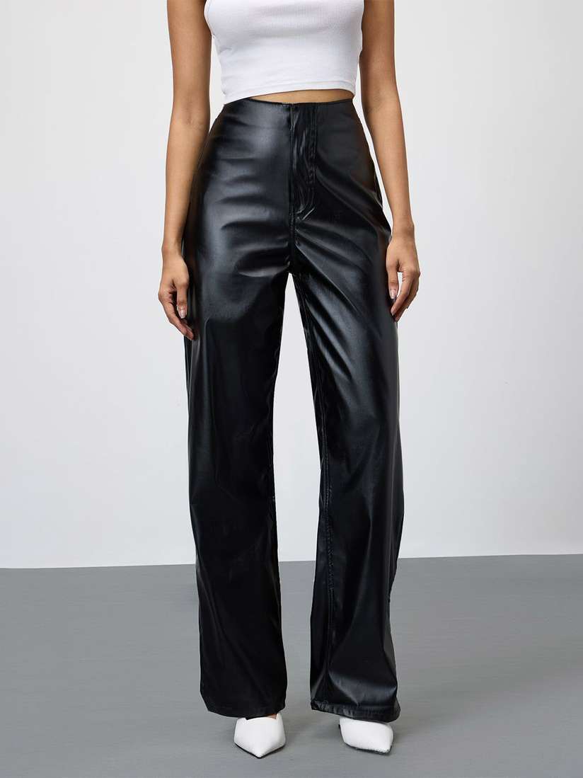 Leather Trousers Straight FREAKINS Women Straight Fit High-Rise