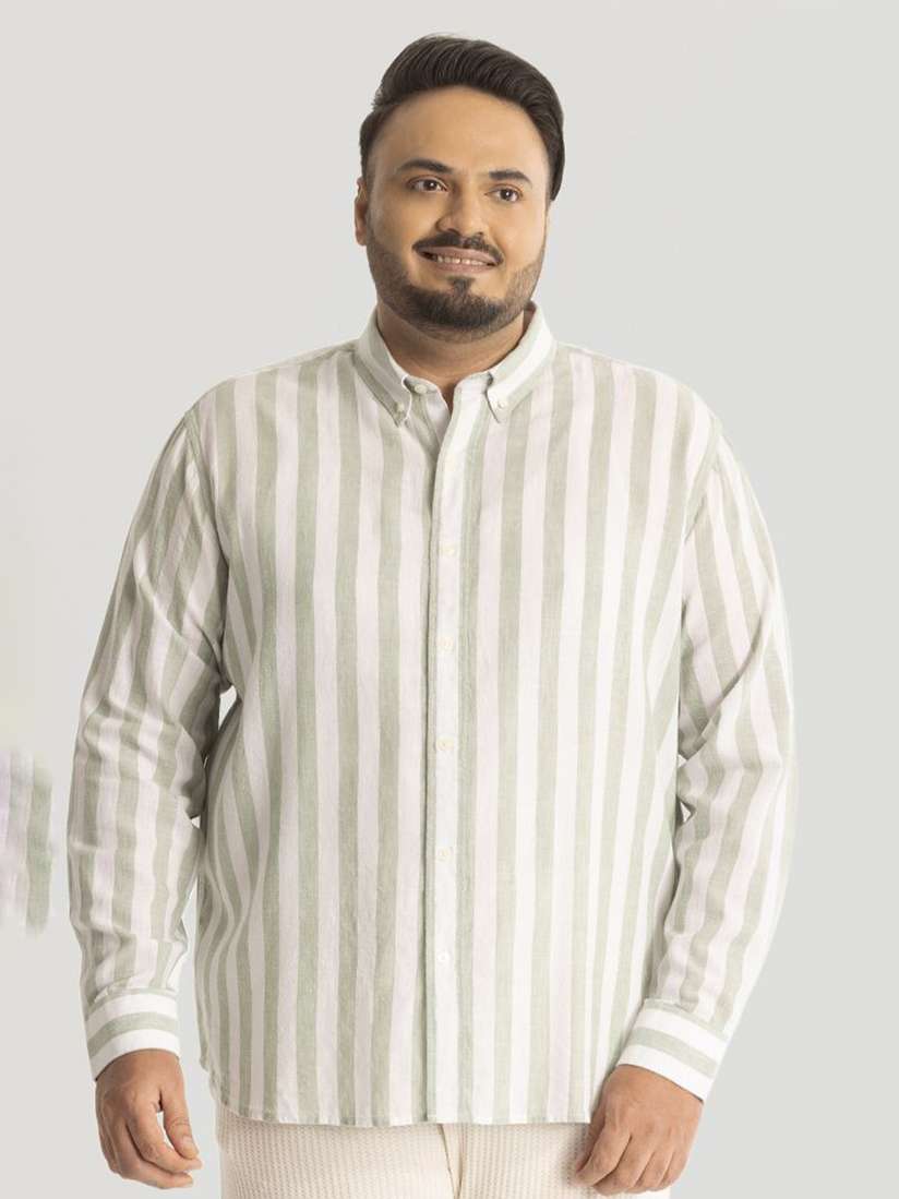 Buy Snitch Men Plus Size Classic Button-Down Collar Striped Linen 