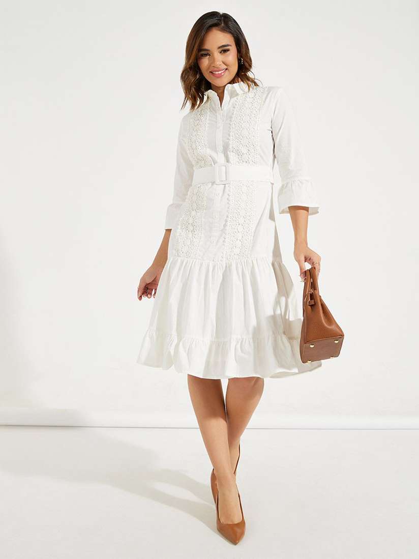 Buy Styli Embroidered Lace Trim Belted Shirt Knee Length Dress 