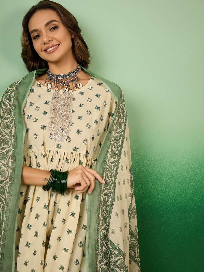 Buy Sangria Beige Floral Embroidered Round Neck Anarkali Kurti With Palazzos Dupatta Kurta Sets for Women 30699443 Myntra