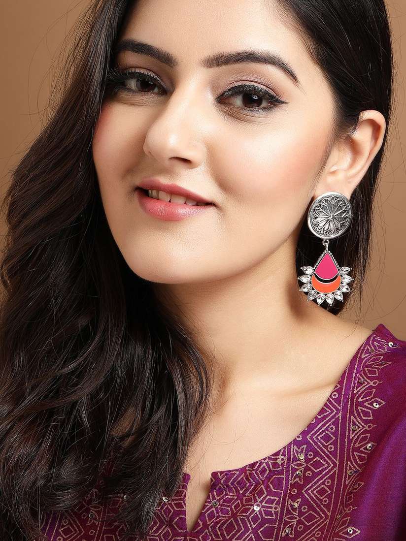 Rubans Enamel Drop Earrings Buy Rubans Oxidized Silver-Plated Pink