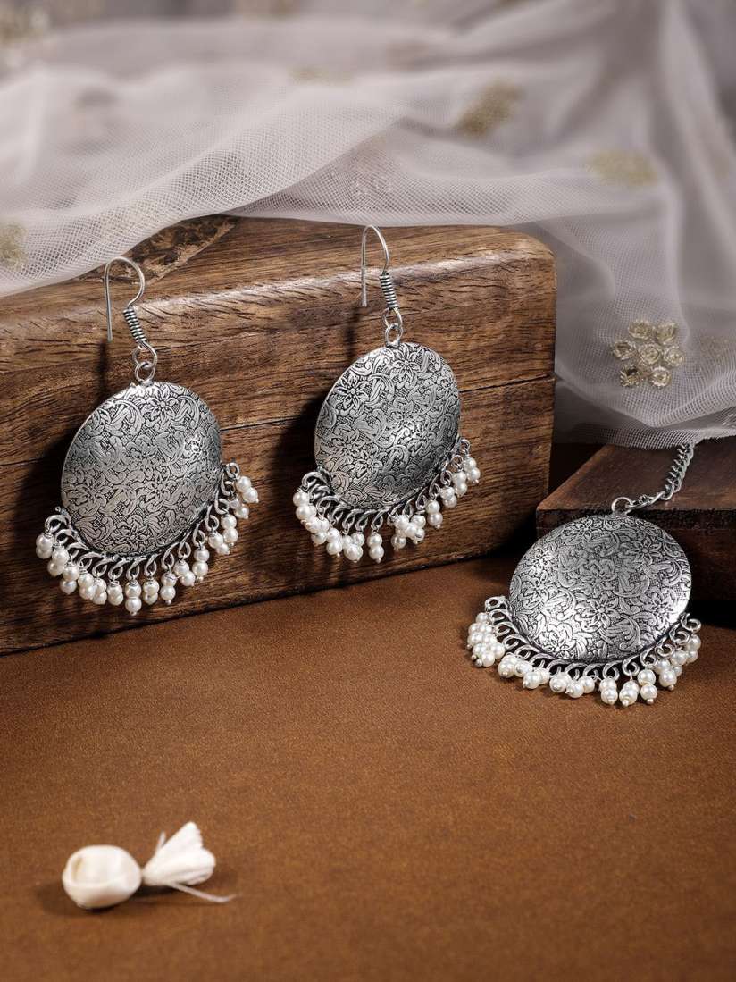 Buy Rubans Oxidized Silver Plated Maang Tikka and Earrings Set with White Beads Detailing Jewellery Set for Women 30703745 Myntra