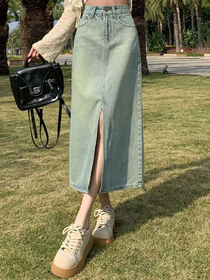 Long denim skirt myntra cheap