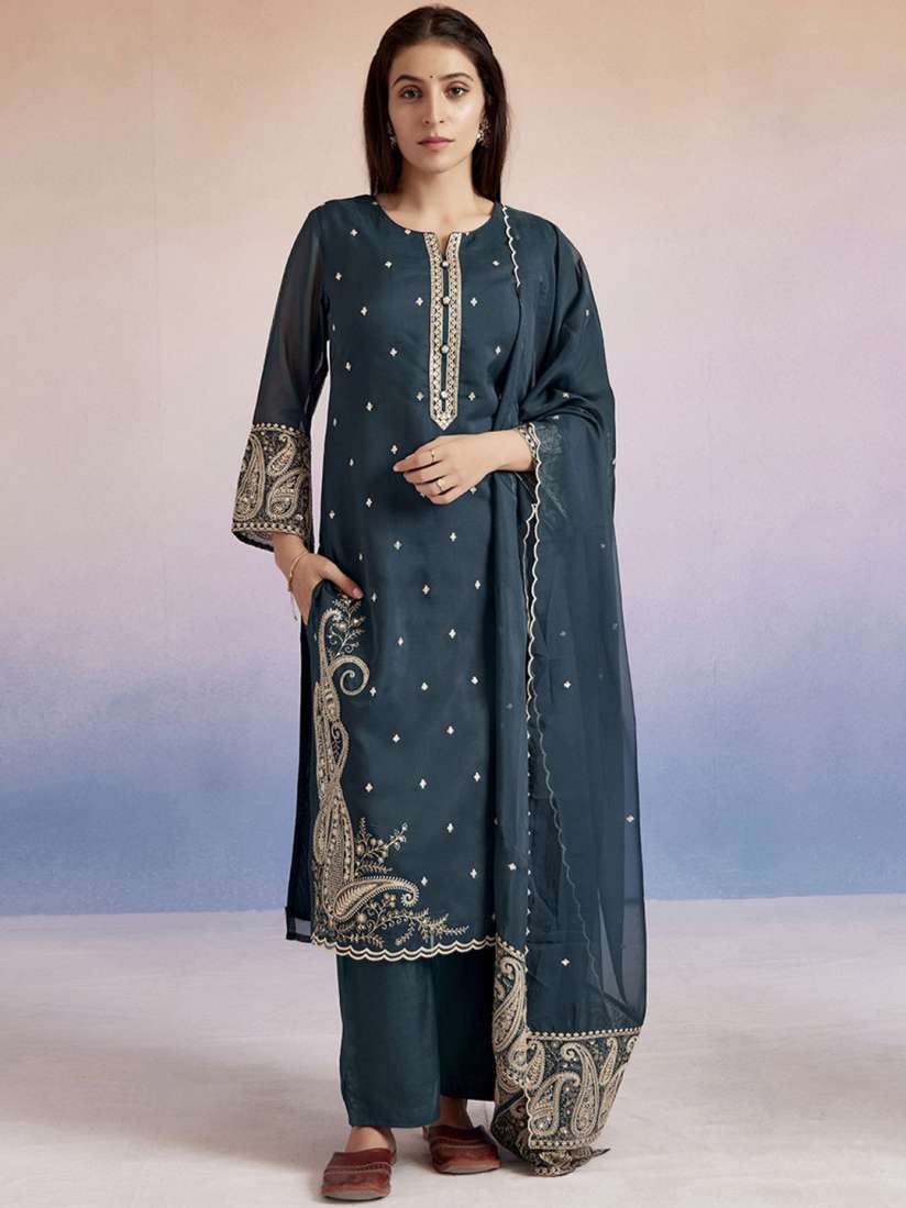 Buy Jaipur Kurti Paisley Embroidered Round Neck Straight Kurta With Palazzos Dupatta Kurta Sets for Women 30749129 Myntra