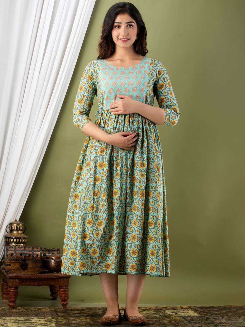 Buy MURLI KURTI Floral Printed Round Neck Gathered Fit Flare Maternity Midi Ethnic Dress Ethnic Dresses for Women 30742653 Myntra