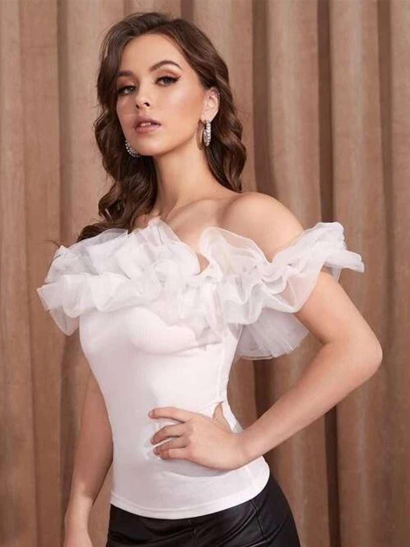 Bardot Top With Sleeves Women Solid White Off-Shoulder Neck Puff