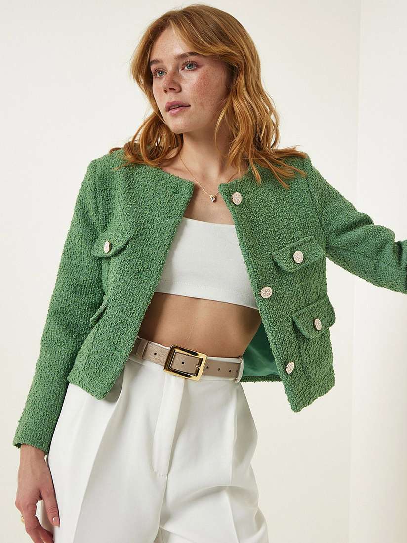 Crop Jacket Green Tweed Jacket Womens Happiness Istanbul Women