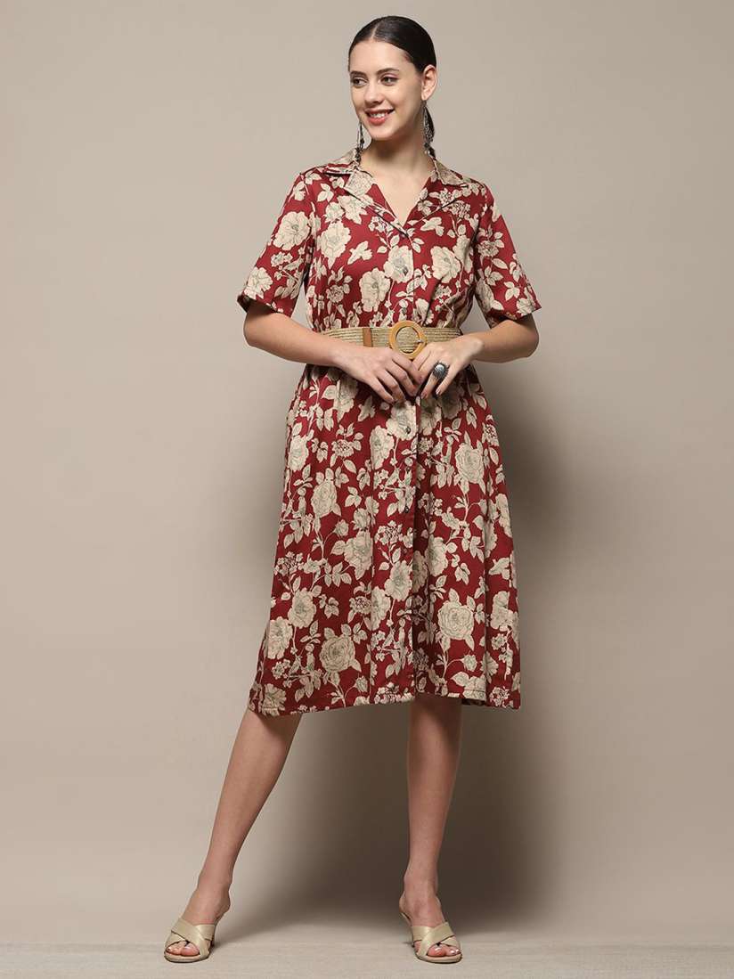 Buy Biba Floral Printed Cuban Collar Belted A Line Dress Dresses for Women 30486270 Myntra