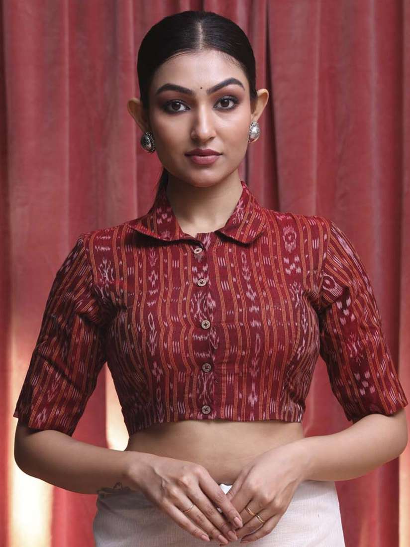 Buy Indethnic Printed Cotton Shirt Collar Short Sleeves Saree Blouse Saree Blouse for Women 30546349 Myntra
