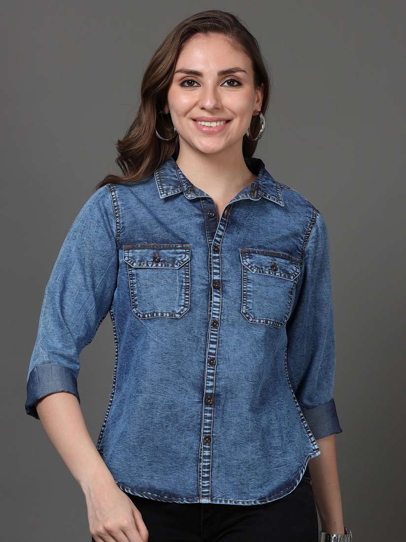 Buy CAZZBA Women Spread Collar Faded Denim Casual Shirt Shirts for Women 30306517 Myntra