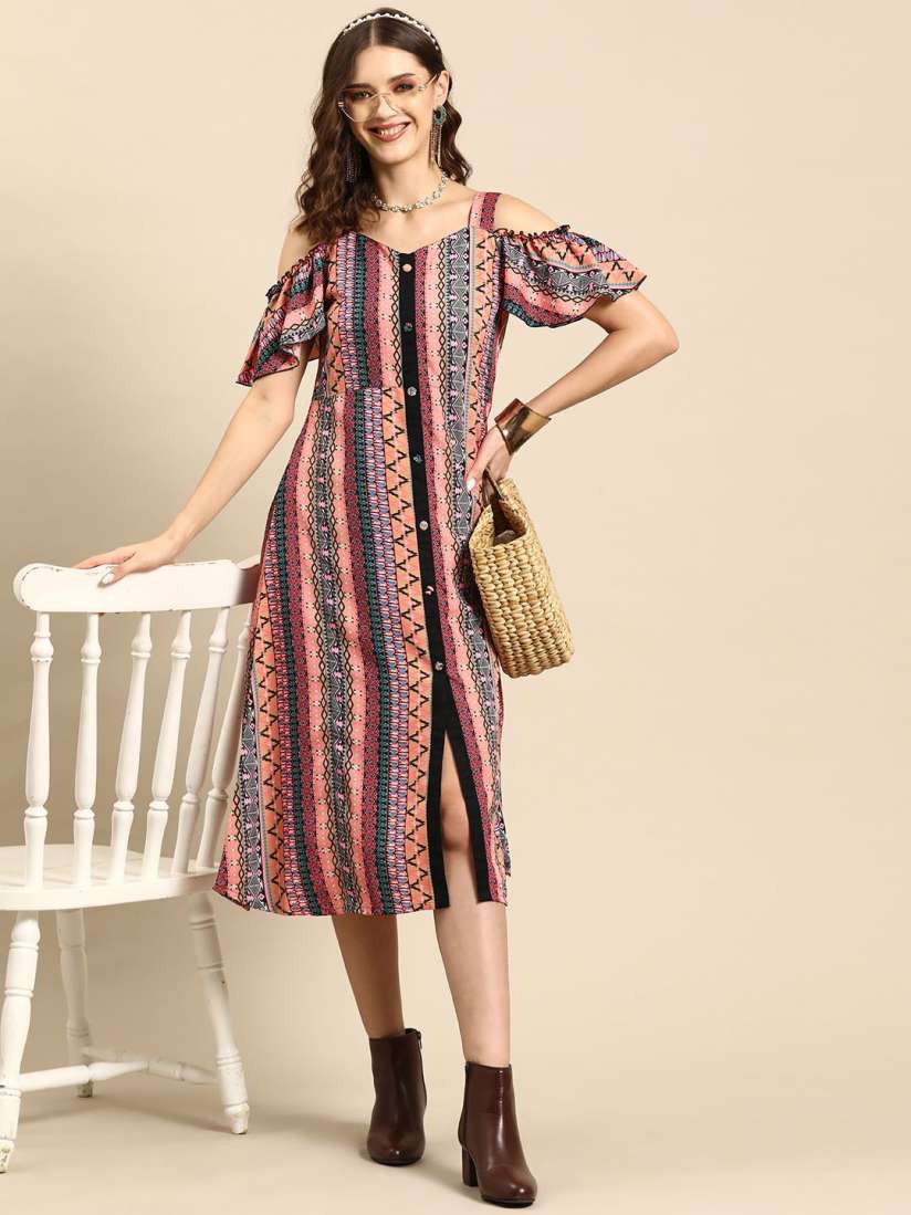 Buy all about you Tribal Printed Cold Shoulder A Line Midi Dress Dresses for Women 30398102 Myntra
