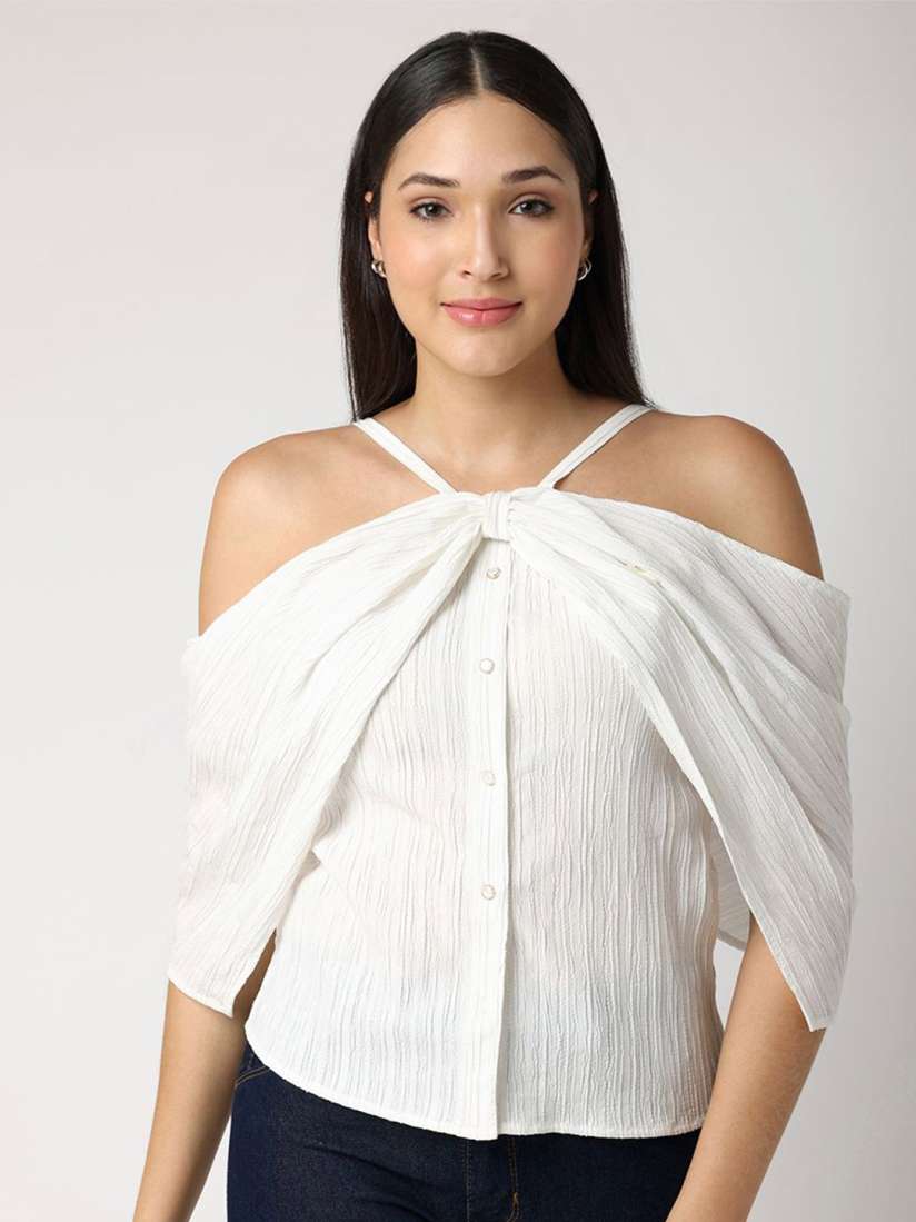 Buy BLANC9 Striped Cold Shoulder Bardot Top Tops for Women 30416331 Myntra