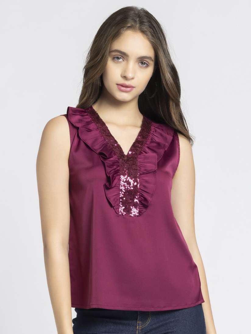 Buy SHAYE V-Neck Embellished Sleeveless Party Top Tops for Women