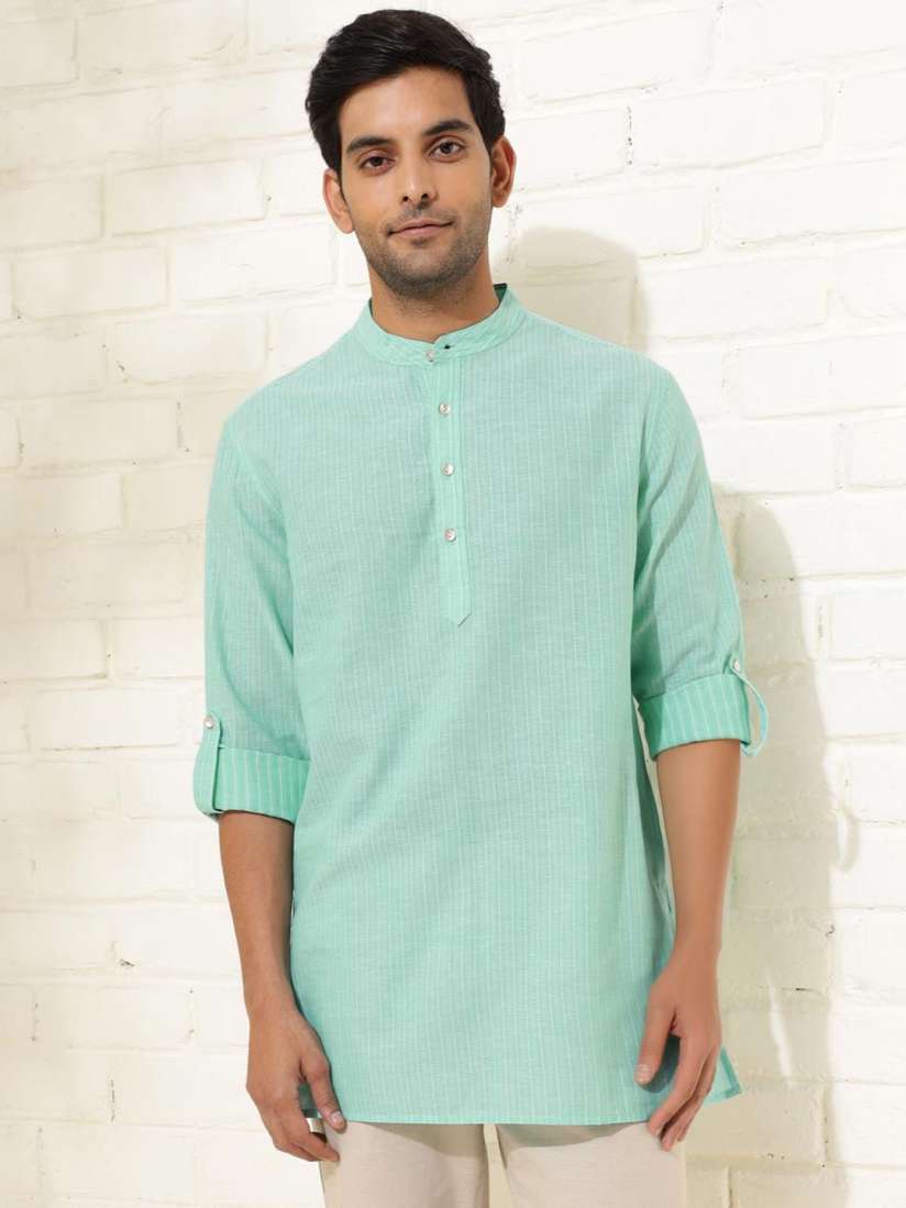 Buy Fabindia Striped Mandarin Collar Roll Up Sleeves Cotton Straight Short Kurta Kurtas for Men 30418077 Myntra