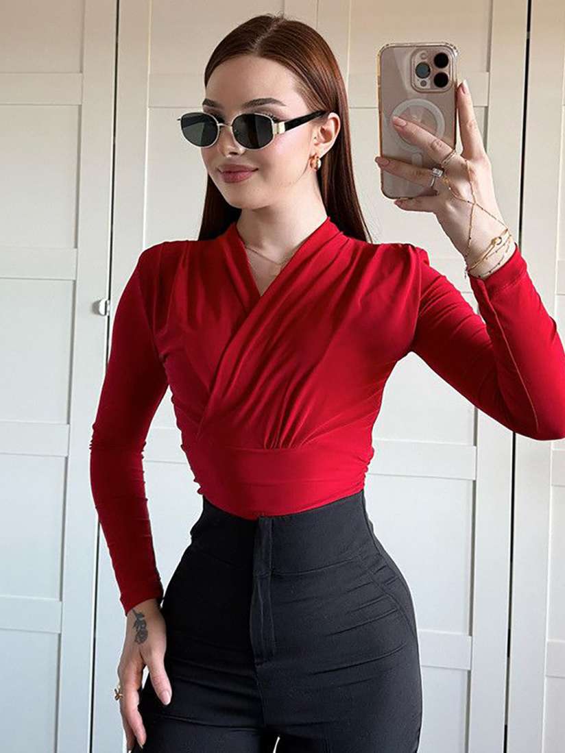 Long sleeve v neck wrap top sales