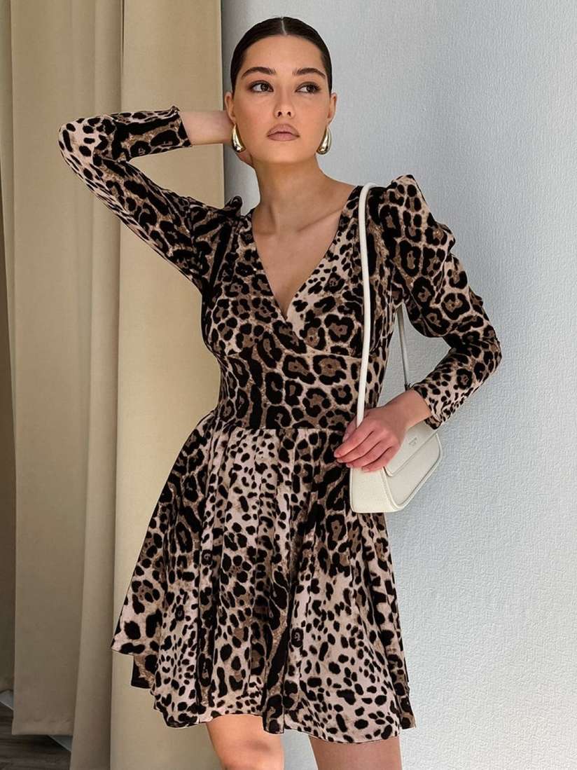 Womens Dresses Leopard Print Long Sleeve Mini Dress Women's