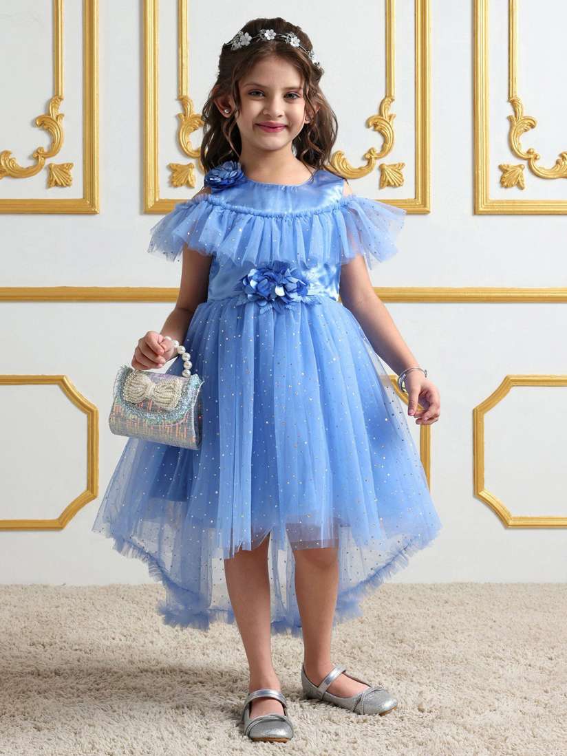 Open shoulder flounce flare dress online