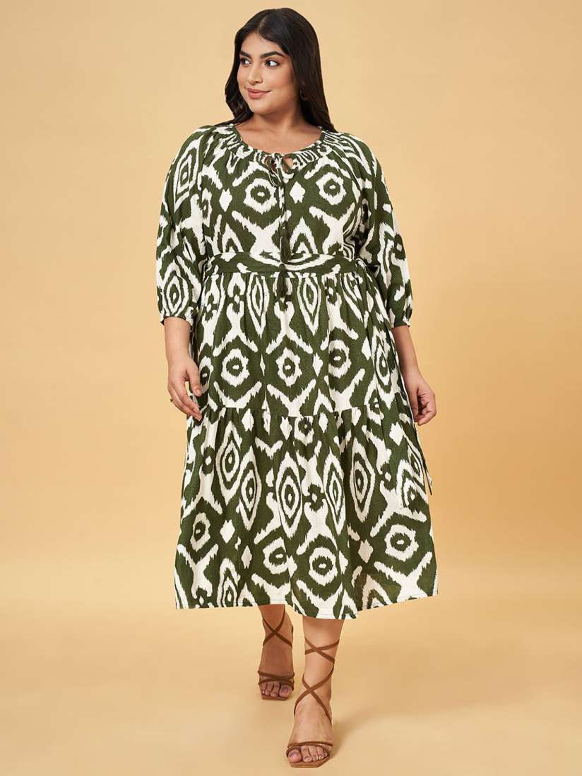 Buy Honey Curvytude by Pantaloons Plus Size Abstract Printed Tie Up Neck Tiered A Line Dress Dresses for Women 31377014 Myntra