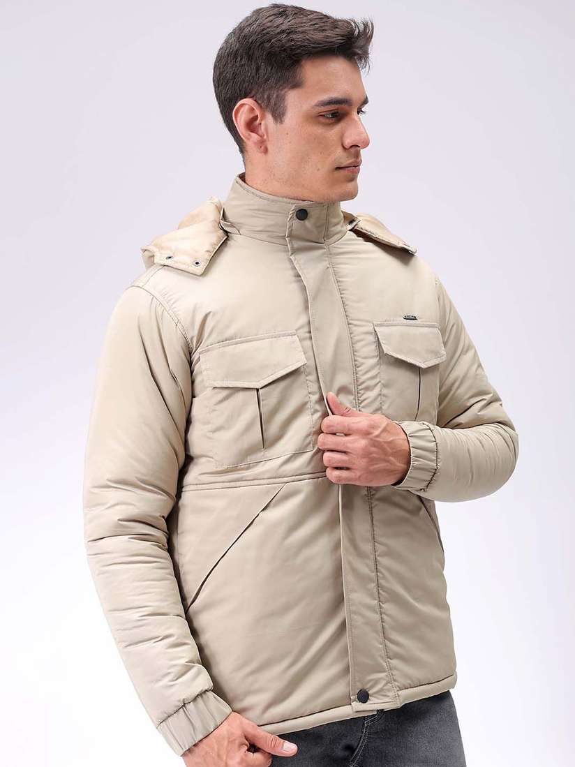 Mens Beige Parka The Indian Garage Co Men Beige Solid Hooded Neck