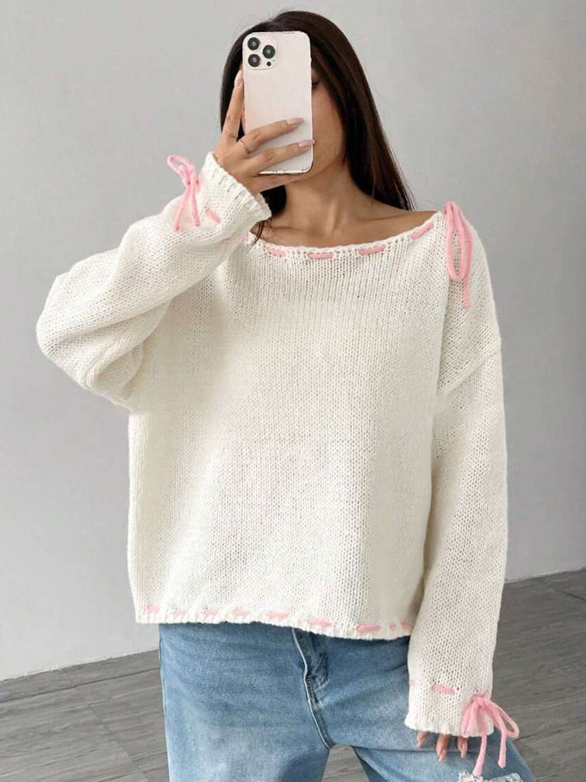 Buy LULU SKY Women Contrast Tie detail Loose Pullover Sweater Sweaters for Women 31441835 Myntra