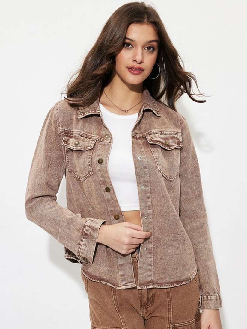 Buy LULU SKY Women Spread Collar Washed Self Design Cotton Casual Denim Jacket Jackets for Women 31450357 Myntra