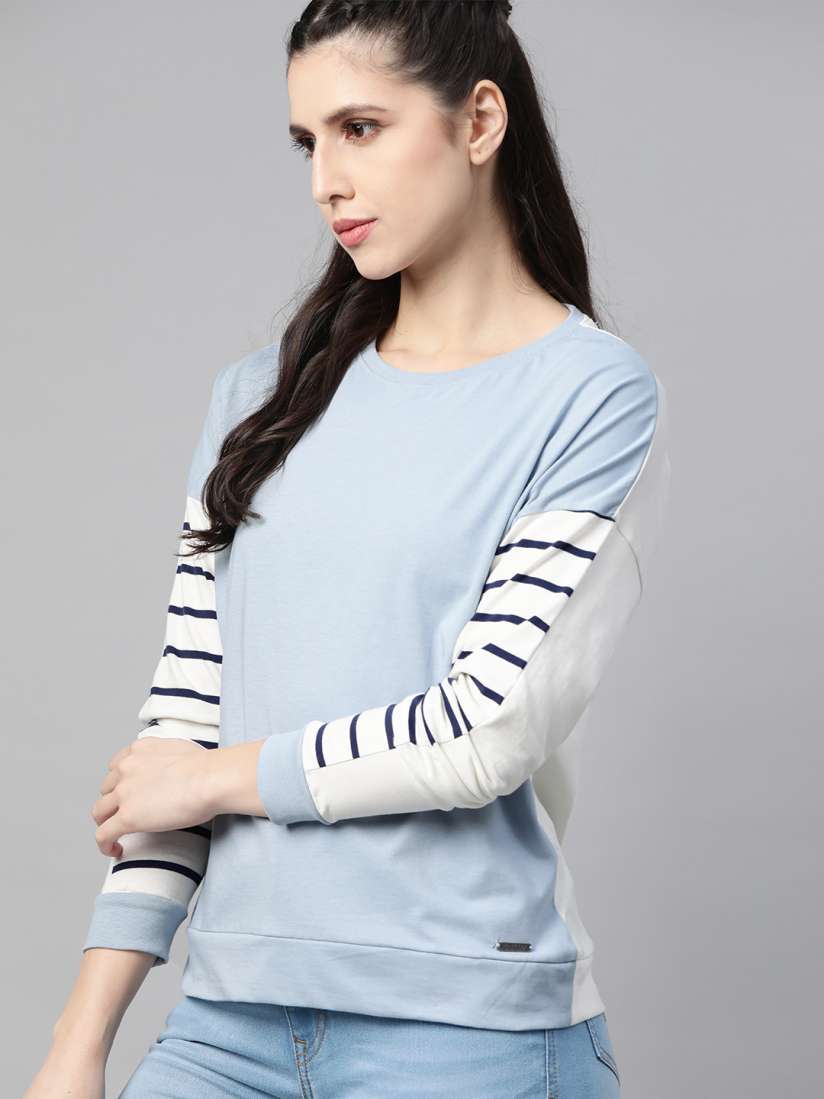 Buy The Roadster Lifestyle Co Women Blue Pure Cotton Solid Extended Sleeves T shirt Tshirts for Women 13601580 Myntra