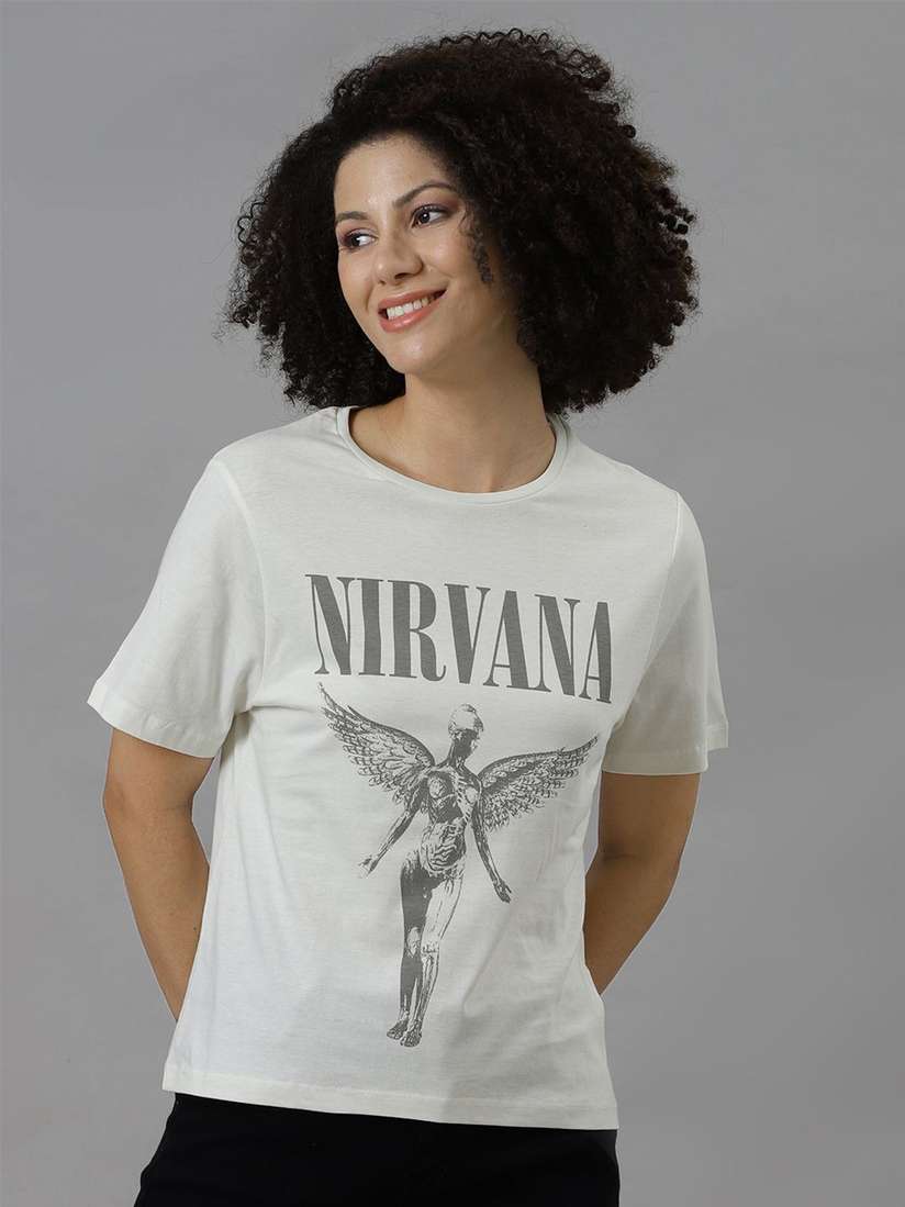 Buy Free Authority Women Nirvana Graphic Printed Round Neck Cotton