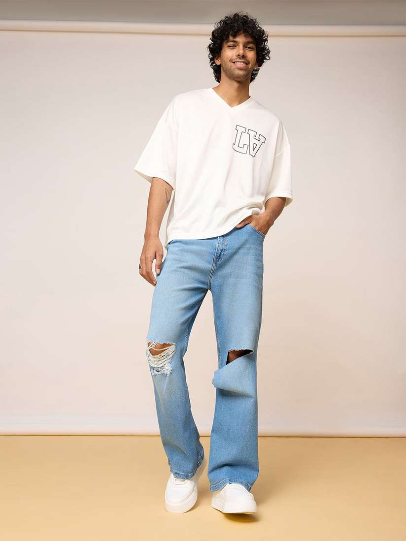 Buy FREAKINS Men Wide Leg High-Rise Slash Knee Light Fade Cotton