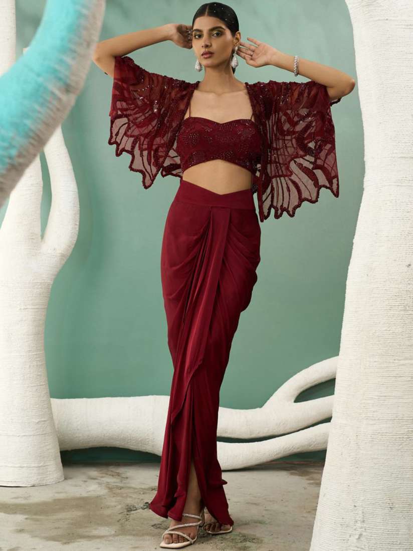 Buy ONE KNOT ONE Embroidered Top With Maxi Drape Skirt Shrug Co Ords for Women 30902592 Myntra