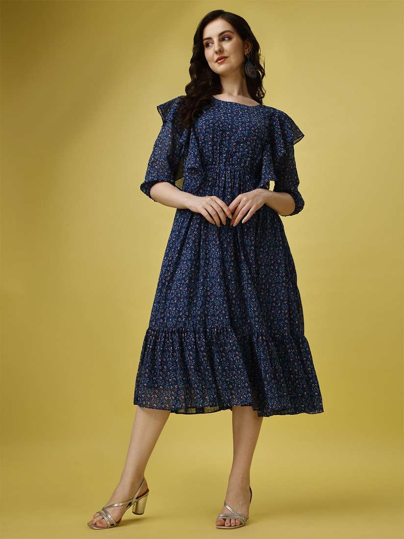 Fashion2wear Women Floral Print Cold-Shoulder Fit Flare Midi Dress