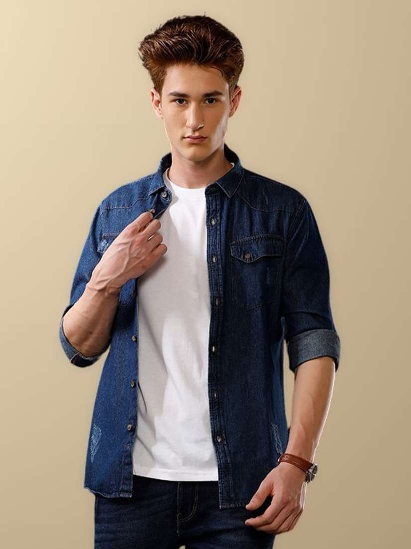 Buy TEMPLE OF DENIM Men India Slim Spread Collar Solid Denim Casual Shirt Shirts for Men 31012141 Myntra