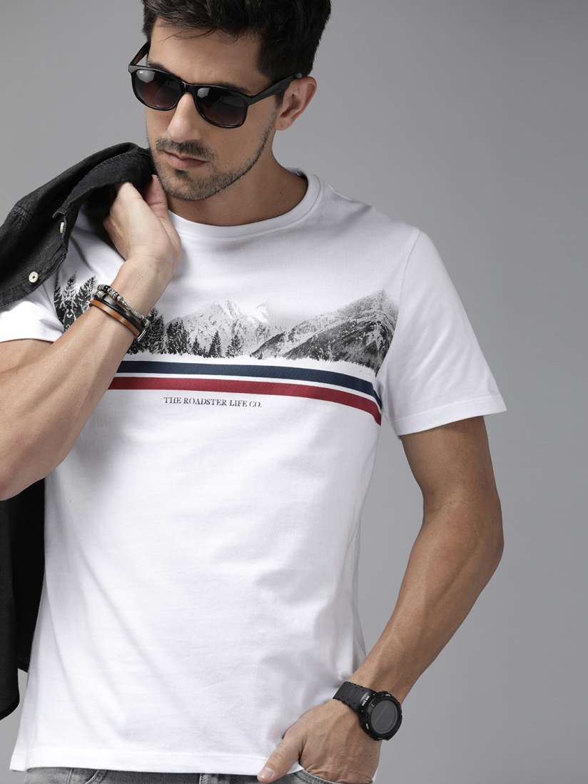 Buy Roadster Men White Grey Pure Cotton Mountain Print Round Neck Pure Cotton T shirt Tshirts for Men 12908516 Myntra
