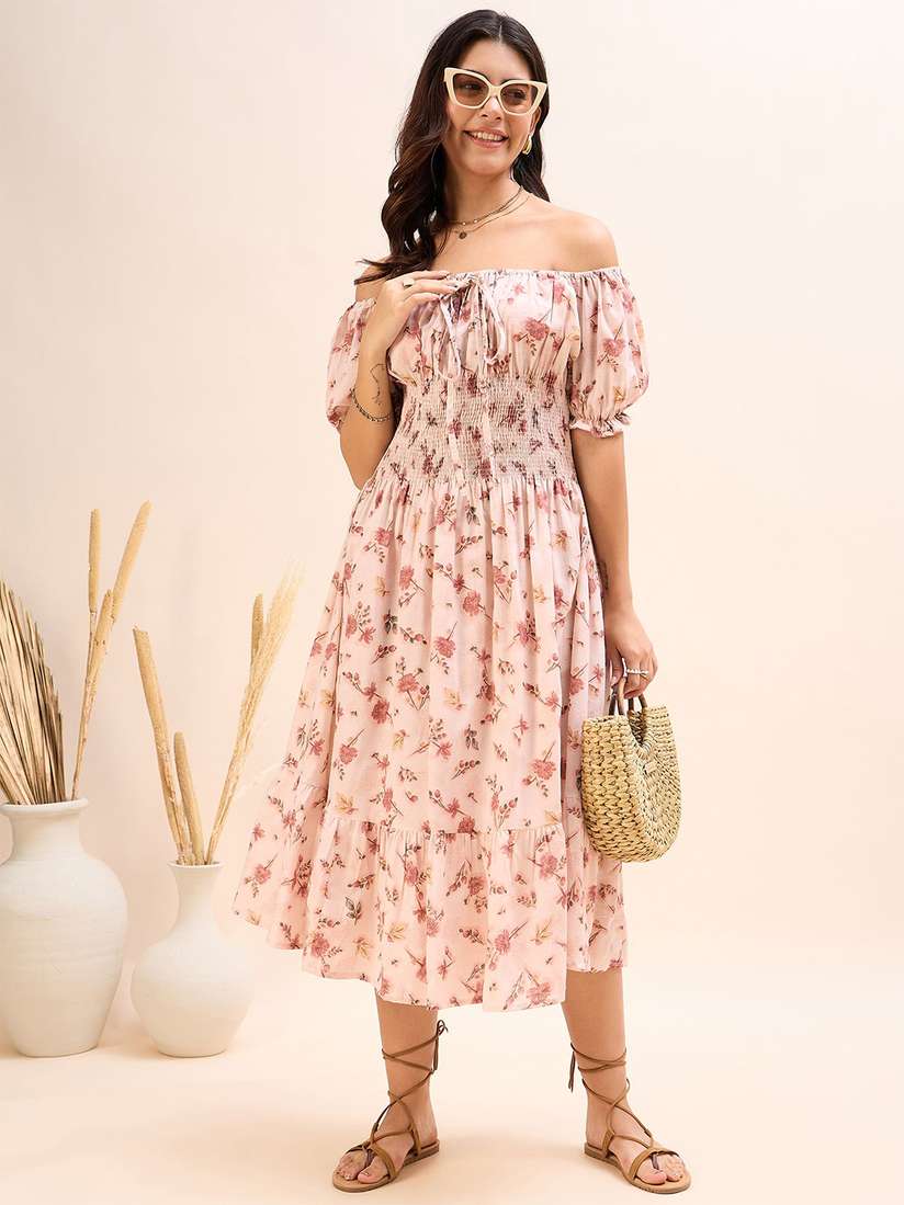 Buy DressBerry Floral Printed Off-Shoulder Puff Sleeve Fit & Flare  