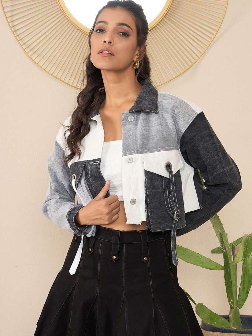 Buy StyleStone Women Colourblocked Crop Outdoor Denim Jacket Jackets for Women 31055815 Myntra