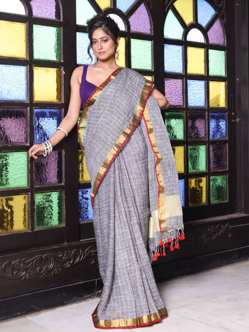 Buy Charukriti Checked Zari Pure Linen Saree Sarees for Women 31032706 Myntra