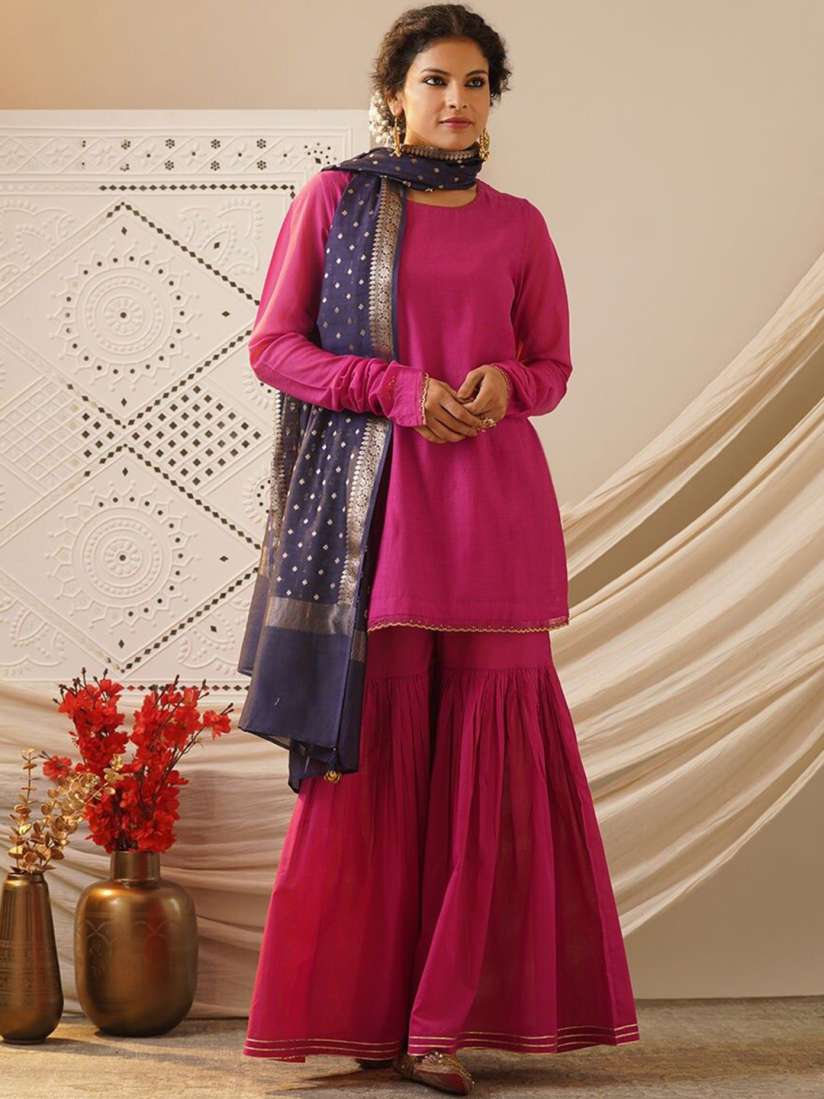 Buy JAYPORE Round Neck Regular Straight Kurti with Sharara Dupatta Kurta Sets for Women 31048240 Myntra